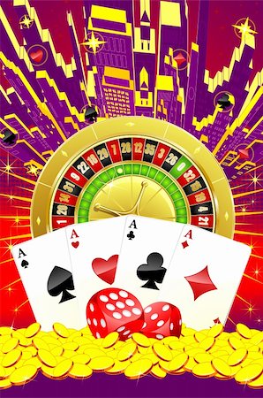 simsearch:400-04273908,k - Abstract gambling background with roulette, playing cards, dices and gold coins Foto de stock - Royalty-Free Super Valor e Assinatura, Número: 400-05321281