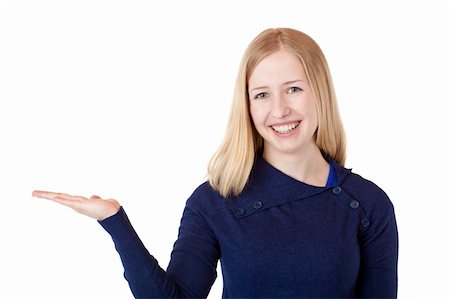 propagate - Young beautiful blond woman holds palm with ad space. Isolated on white background. Stock Photo - Budget Royalty-Free & Subscription, Code: 400-05321302