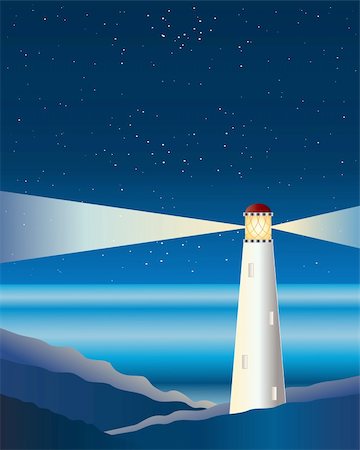 an illustration of a lighthouse on rocks with beams of light shining under a starry sky Stock Photo - Budget Royalty-Free & Subscription, Code: 400-05321428