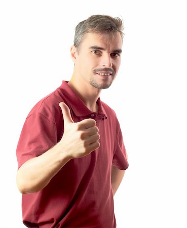 Happy casual young man showing thumb up and smiling isolated on white background Stock Photo - Budget Royalty-Free & Subscription, Code: 400-05321591