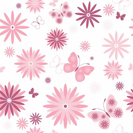 White seamless floral pattern with pink flowers and butterflies (vector) Stock Photo - Budget Royalty-Free & Subscription, Code: 400-05322089