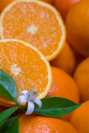 oranges with leafs and blossom, focus on the flower. Photographie de stock - Aubaine LD & Abonnement, Code: 400-05322465