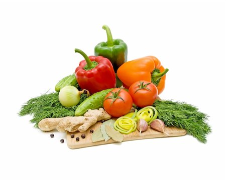 evgenyi (artist) - fresh vegetables - tomatoes, peppers, onions, ginger, juniper berries, garlic, fennel, cucumber Stock Photo - Budget Royalty-Free & Subscription, Code: 400-05322788