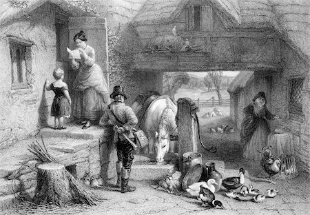 famous people reading - The post boy on engraving from 1866. Engraved by E.Goodall after a painting by F.Goodall. Foto de stock - Super Valor sin royalties y Suscripción, Código: 400-05323429