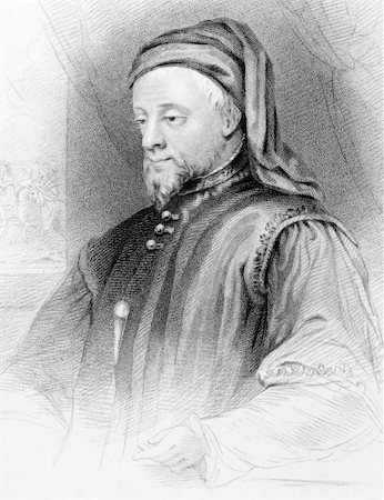 simsearch:400-04677188,k - Geoffrey Chaucer (1343-1400) on engraving from 1838. English author, poet, philosopher, bureaucrat, courtier and diplomat. Published by G.Virtue in London. Stock Photo - Budget Royalty-Free & Subscription, Code: 400-05323420