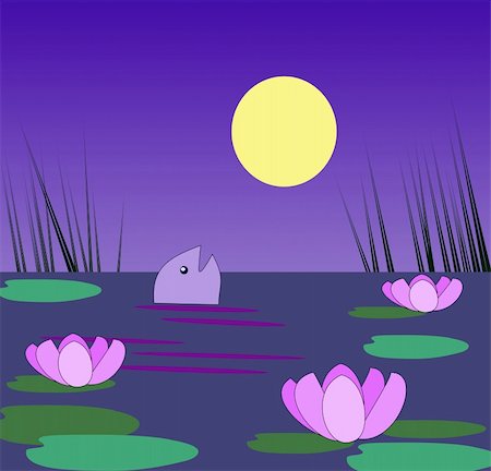 flowers in moonlight - A pond with water lilies and fish in     the moonlight. Stock Photo - Budget Royalty-Free & Subscription, Code: 400-05336066