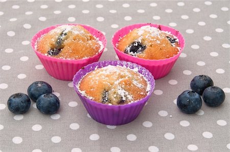 photos of blueberries for kitchen - Three blueberry muffins in pink and purple forms Stock Photo - Budget Royalty-Free & Subscription, Code: 400-05337599