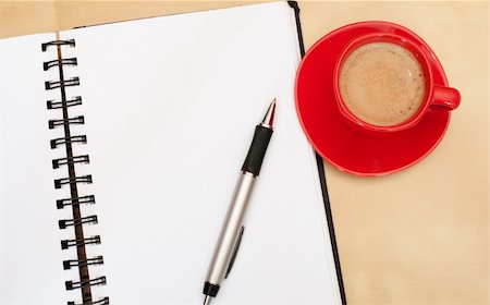 diary and pen with a cup of coffee - Espresso Coffee, Blank Paper Notebook and Ballpoint on Wooden Table Stock Photo - Budget Royalty-Free & Subscription, Code: 400-05338127