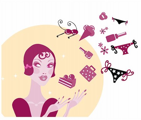 drawing girls body - Shopping Woman Making Decision What To Buy /Pretty woman  dreaming / Lifestyle vector Illustration Stock Photo - Budget Royalty-Free & Subscription, Code: 400-05338540