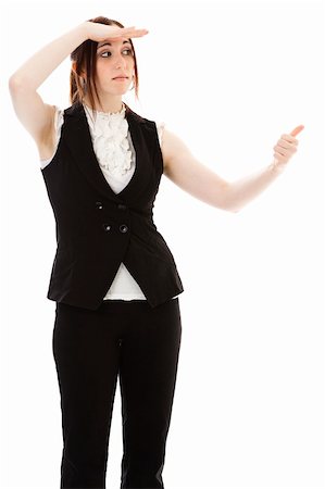 Young business woman with her thumb out and searching the horizon against white background Stock Photo - Budget Royalty-Free & Subscription, Code: 400-05330898