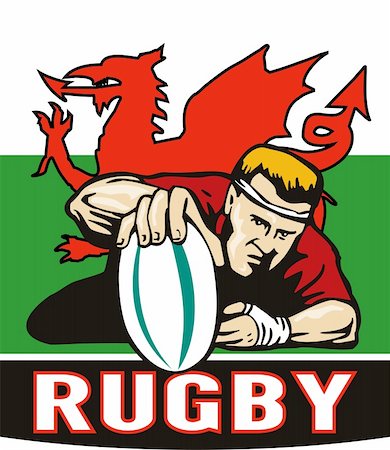 simsearch:400-05331205,k - illustration of a Rugby player scoring try viewed from front with wales or welsh  flag in background and words "rugby" Foto de stock - Royalty-Free Super Valor e Assinatura, Número: 400-05331096