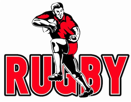 running off - retro style illustration of a Rugby player running with ball and fending off on white background Stock Photo - Budget Royalty-Free & Subscription, Code: 400-05331182