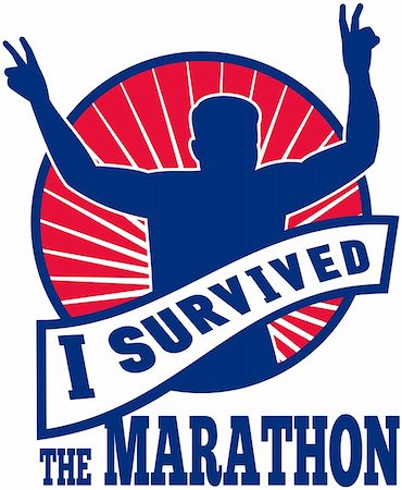 simsearch:400-08629212,k - illustration of a silhouette of Marathon runner flashing victory hand sign done in retro style with   sunburst set inside circle with words "i survived the marathon" Foto de stock - Super Valor sin royalties y Suscripción, Código: 400-05331208