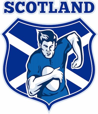 simsearch:400-05331205,k - illustration of a Scottish rugby player running with the ball facing front view with Scotland flag shield in background Foto de stock - Royalty-Free Super Valor e Assinatura, Número: 400-05331217