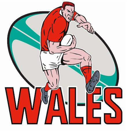 simsearch:400-05331205,k - illustration of a Cartoon Welsh Rugby player running fending off  with ball in background and words "Wales" Foto de stock - Royalty-Free Super Valor e Assinatura, Número: 400-05331227