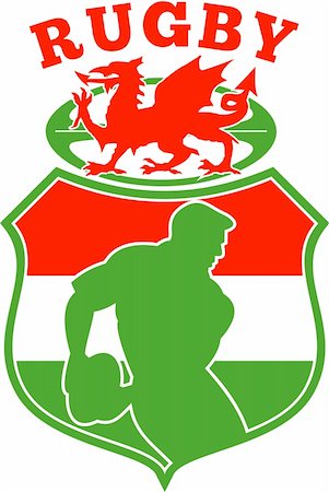 simsearch:400-05331205,k - illustration of a Welsh Rugby player silhouette running passing ball inside shield background and red Wales dragon Foto de stock - Royalty-Free Super Valor e Assinatura, Número: 400-05331220