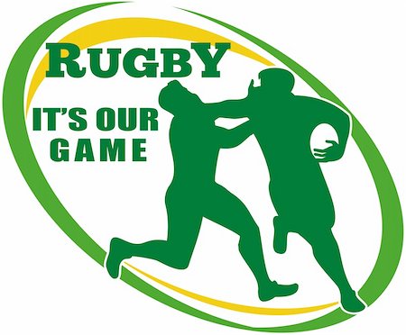 simsearch:400-05331205,k - illustration of a Rugby player running fending off tackle with ball shape in background and words "rugby it's our game" Foto de stock - Royalty-Free Super Valor e Assinatura, Número: 400-05331223