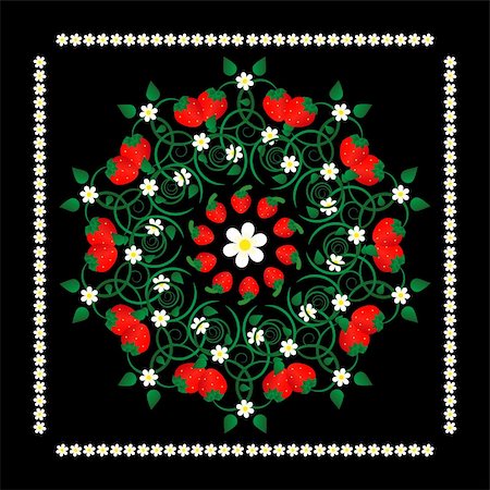 red floral background with black leaves - strawberry with flowers in circle pattern on black background Stock Photo - Budget Royalty-Free & Subscription, Code: 400-05331258