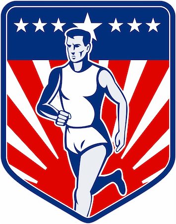 simsearch:400-08629212,k - illustration of a Marathon runner done in retro style with american flag stars and stripes and sunburst in shield background Fotografie stock - Microstock e Abbonamento, Codice: 400-05331489