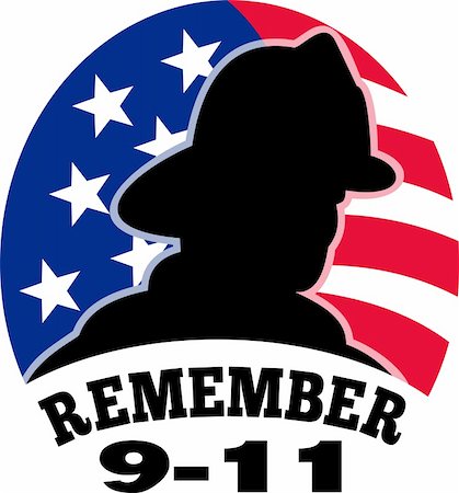 illustration of a fireman firefighter silhouette with American stars and stripes flag in background and words "Remember 9-11" Foto de stock - Royalty-Free Super Valor e Assinatura, Número: 400-05331518