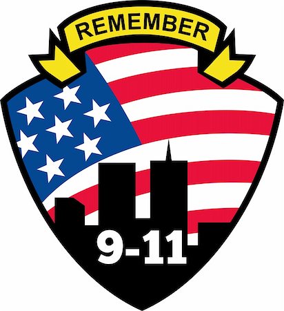 illustration of a shield with american flag stars and stripes and 9-11 World Trade Center building silhouette with words Remember 9-11 Foto de stock - Royalty-Free Super Valor e Assinatura, Número: 400-05331513