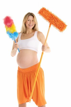 pregnant housework - happy pregnant woman with a mop and brush isolated on white Stock Photo - Budget Royalty-Free & Subscription, Code: 400-05331936