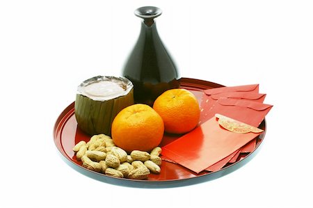 Chinese new year delicacies and red packets on a tray isolated on white Stock Photo - Budget Royalty-Free & Subscription, Code: 400-05332999