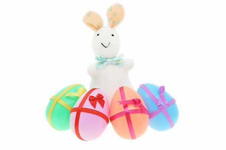 simsearch:400-05040794,k - Toy bunny with decorated Easter eggs on white background Stock Photo - Budget Royalty-Free & Subscription, Code: 400-05333050