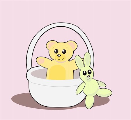 simsearch:400-07614122,k - A teddy bear sitting in a basket and a green toy rabbit. Stock Photo - Budget Royalty-Free & Subscription, Code: 400-05333496