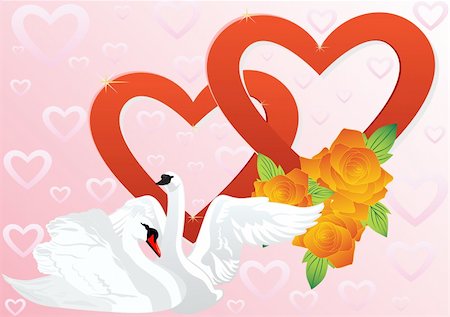 Two white swans on a background of two hearts and a bouquet of red roses. Stock Photo - Budget Royalty-Free & Subscription, Code: 400-05333746