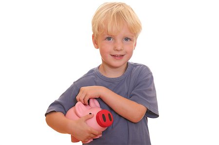 Portrait of a young blond boy holding his piggy bank Stock Photo - Budget Royalty-Free & Subscription, Code: 400-05344187