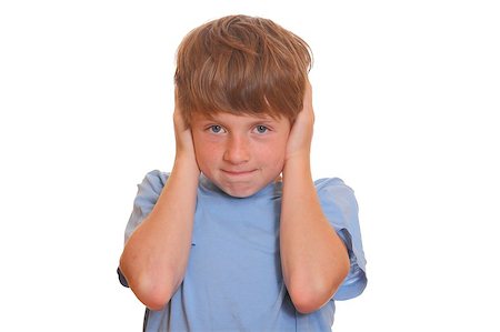 sad and quiet woman - Portrait of a young boy covering his ears on white background Stock Photo - Budget Royalty-Free & Subscription, Code: 400-05344188