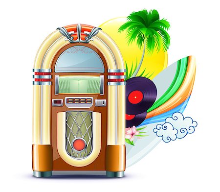 simsearch:400-04112163,k - Vector illustration of funky summer music background with palm trees, jukebox, vinyl disc, hibiscus flowers, surfboard and yellow sun Stock Photo - Budget Royalty-Free & Subscription, Code: 400-05344635