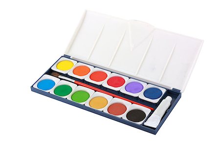 Water color box with brush isolated on white background Fotografie stock - Microstock e Abbonamento, Codice: 400-05346361