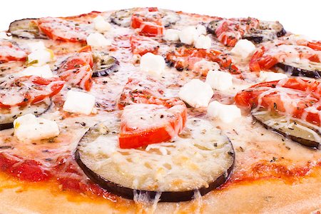 pizza on black - Pizza with tomatoes, cheese and eggplant matsarela on a white background Stock Photo - Budget Royalty-Free & Subscription, Code: 400-05346557