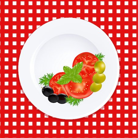 White Plate With Tomatoes Olives And Fresh Herbs, Vector Illustration Photographie de stock - Aubaine LD & Abonnement, Code: 400-05347328