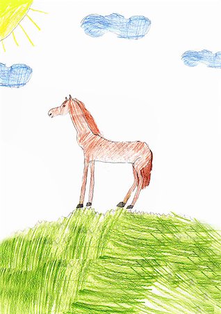 Children's drawing of a young horse against a landscape Foto de stock - Super Valor sin royalties y Suscripción, Código: 400-05347533