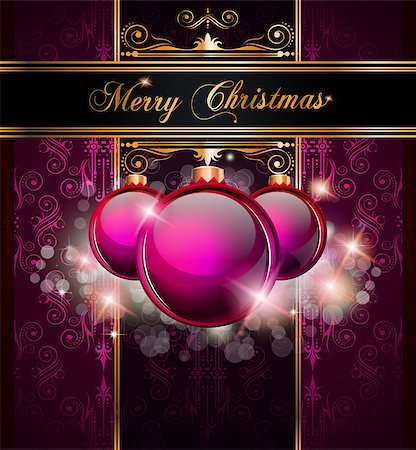 simsearch:400-04748950,k - Elegant Merry Christmas and Happy New Year background with vintage seamless wallpaper and glossy baubles. Foto de stock - Super Valor sin royalties y Suscripción, Código: 400-05347905