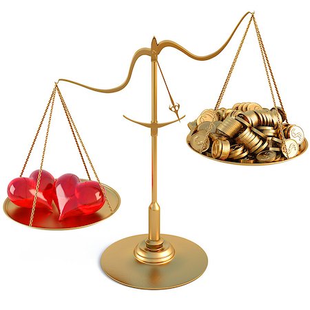 two loving hearts outweigh the pile of gold coins on the scale. isolated on white. Stock Photo - Budget Royalty-Free & Subscription, Code: 400-05348169