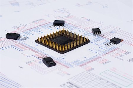 Several integrated micro electronics components on microcircuit diagram drawing Stock Photo - Budget Royalty-Free & Subscription, Code: 400-05348223