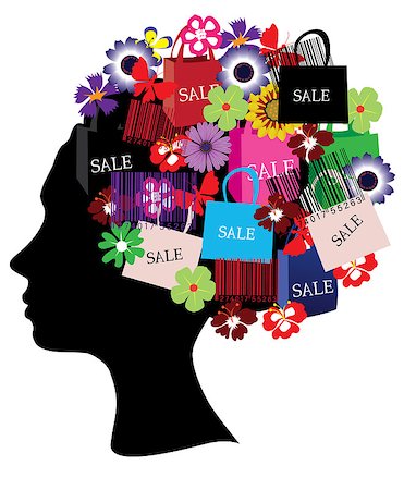Vector illustration of a female head silhouette with shopping icons Stock Photo - Budget Royalty-Free & Subscription, Code: 400-05341250