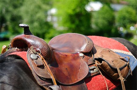 simsearch:400-05342352,k - Close-up of a horse wearing a brown leather western saddle. Horizontal shot Stock Photo - Budget Royalty-Free & Subscription, Code: 400-05342352