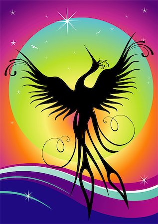 fire tail illustration - Black phoenix bird figure over multicolored background. Re-birth concept. Stock Photo - Budget Royalty-Free & Subscription, Code: 400-05343092
