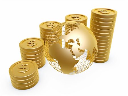 dollar symbol gold coins pile and globe on white background Stock Photo - Budget Royalty-Free & Subscription, Code: 400-05354478