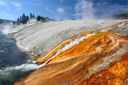 Hot water from the Midway Geyser Basin cascades into the Firehole River in Yellowstone National Park - Wyoming. Stock Photo - Budget Royalty-Free & Subscription, Code: 400-05354866
