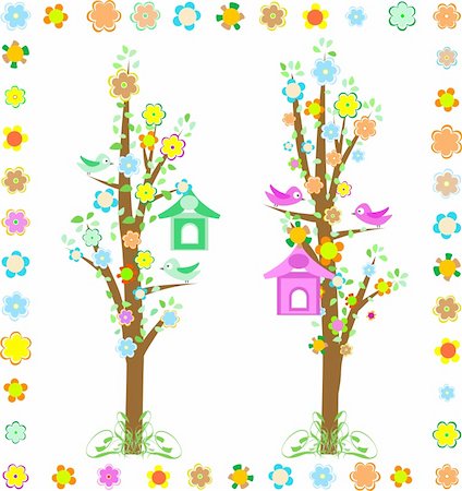 simsearch:400-04239996,k - tree with birds with birdhouse and colorful flower Photographie de stock - Aubaine LD & Abonnement, Code: 400-05355042