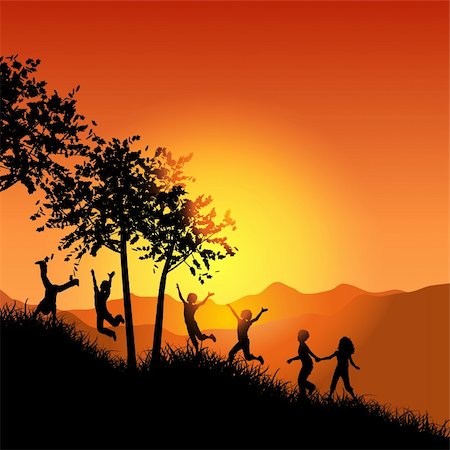 Silhouettes of children running up a grassy hill Stock Photo - Budget Royalty-Free & Subscription, Code: 400-05355763