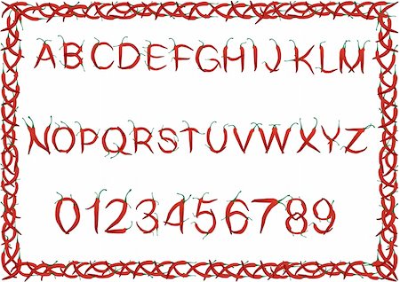 red pepper drawing - Alphabet and numbers from fiery red chili peppers Stock Photo - Budget Royalty-Free & Subscription, Code: 400-05356381