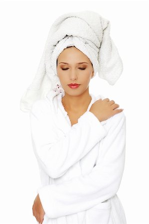 simsearch:400-04652461,k - Young beautiful woman in bathrobe, isolated on white Stockbilder - Microstock & Abonnement, Bildnummer: 400-05356485