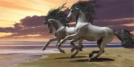 simsearch:400-06205526,k - Two white unicorns prance and play near the ocean. Foto de stock - Super Valor sin royalties y Suscripción, Código: 400-05356673